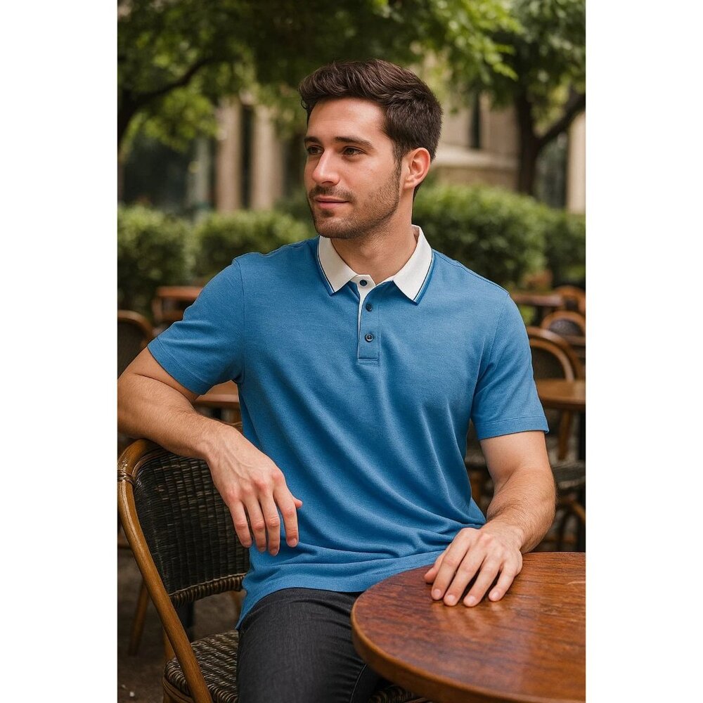 Saks Fifth Avenue Modal Contrast Collar Polo Shirt Large Short Sleeve Modern Fit